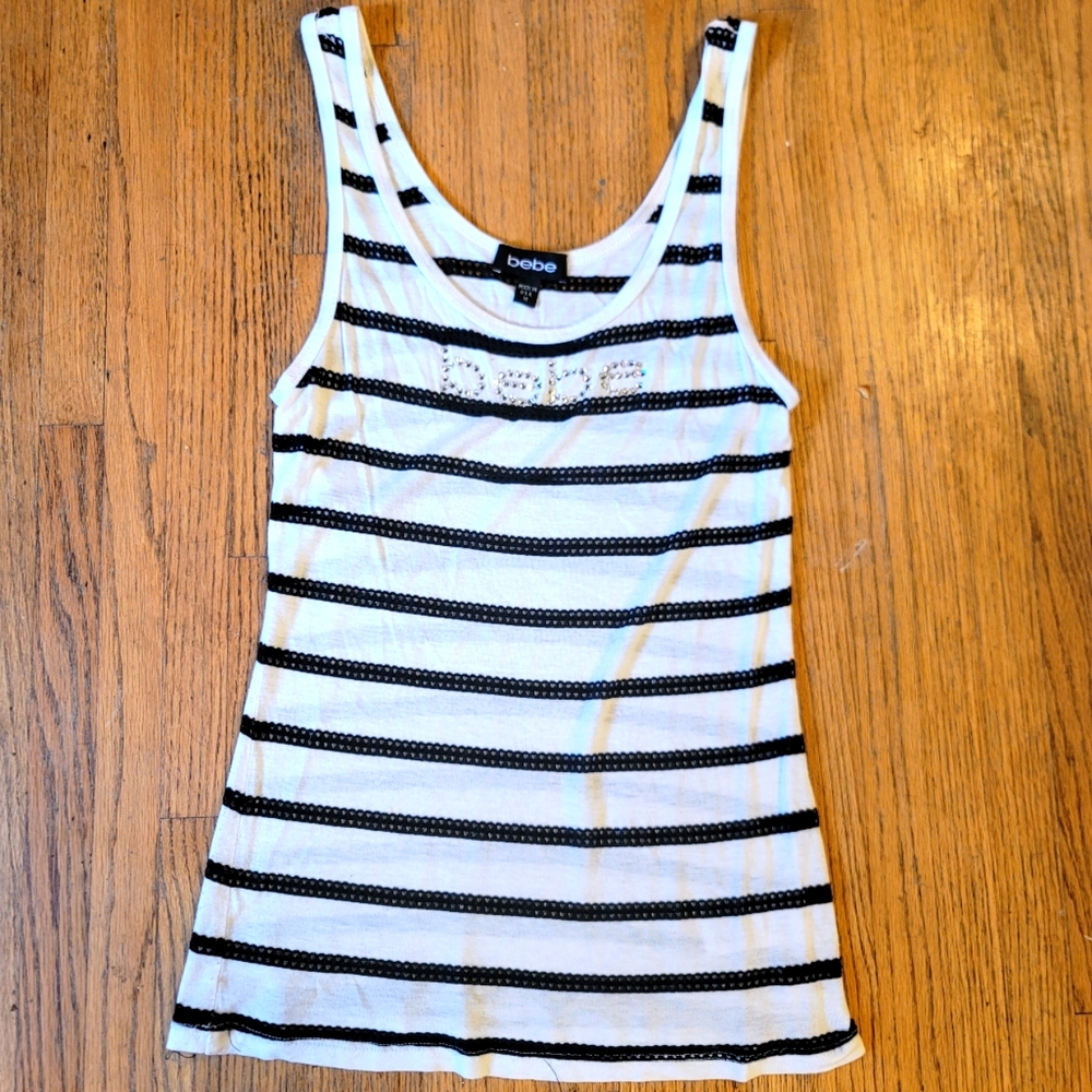 Bebe Rhinestone White Tank Top Navy Blue Stripes Stretchy 2% Spandex
